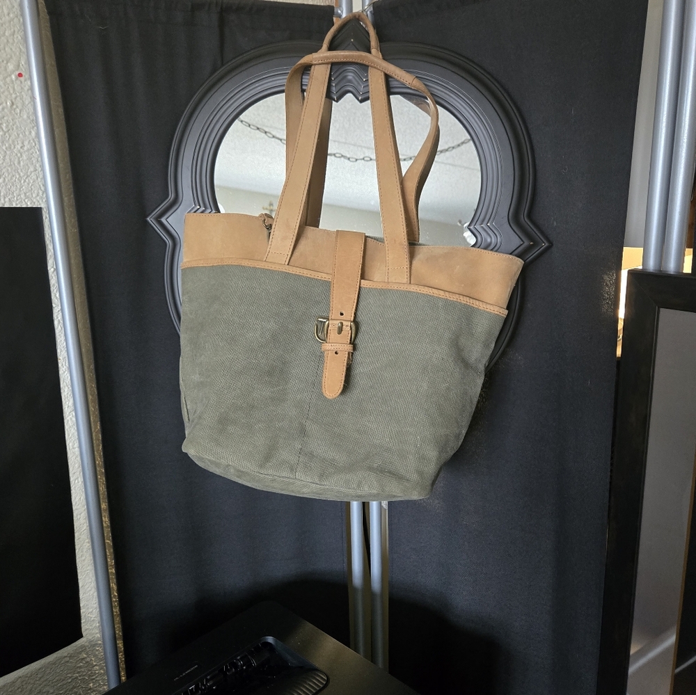Tan and Green Canvas Leather Tote Bag